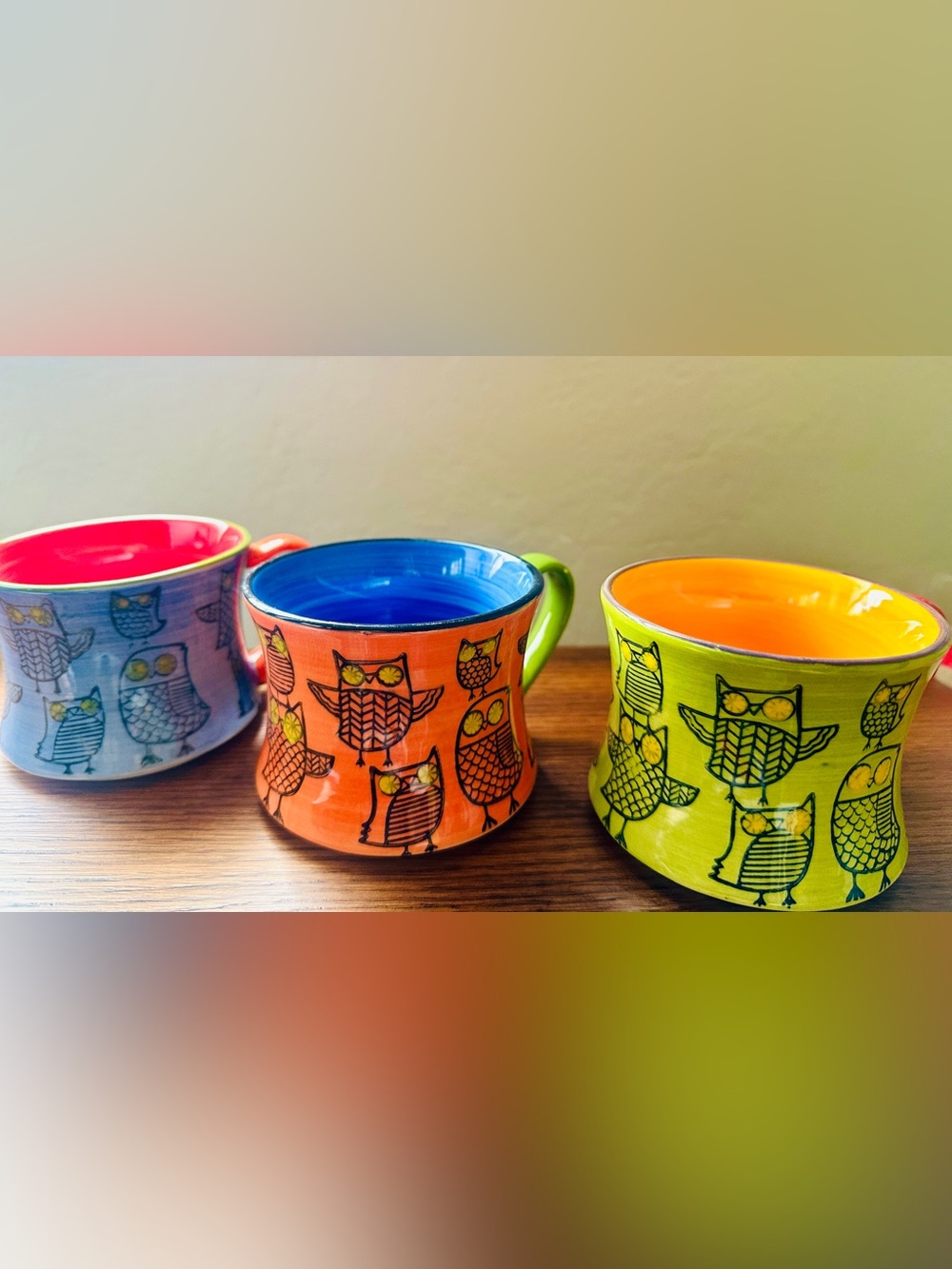 Pier 1 Imports Stackable Owl Mugs Stoneware Hand Painted Set of 3 Mint Brand New